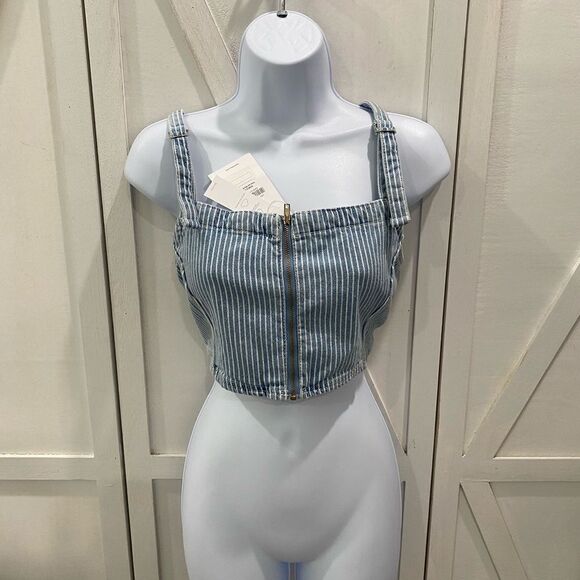 Bershka Strap Detail PinstripesBlue Denim  Zip Up Crop Top In Size Large - Picture 5 of 17
